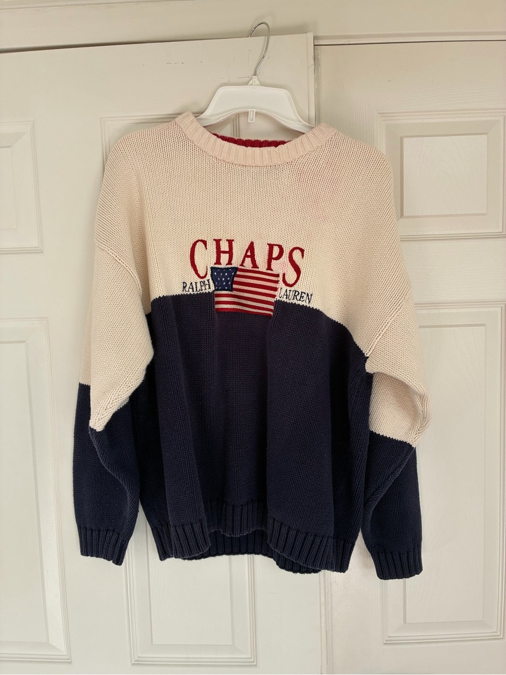Chaps Ralph Lauren Colorblock American Flag Knit Sweater - Cream & Navy